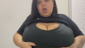 Bbw hiding in the public bathroom putting on a plug