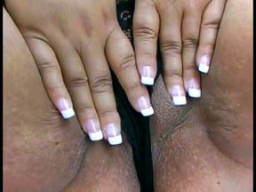 Playful thick newspaper brunette Elizabeth Rollings paddles her pickle sitting in the sun lounger