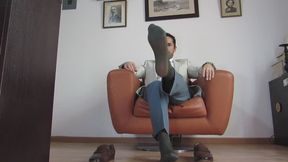 Gio wearing green sheer socks and suit