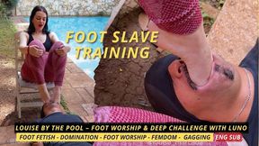 Louise by the pool Foot Worship & Deep Challenge with Luno (720 EN SUB) - Femdom - Foot Worship - Foot Gagging - Sole Licking - Saliva Extraction
