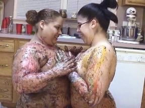 Fat and BBW Latinas Use Creams on Their Bodies in the Kitchen