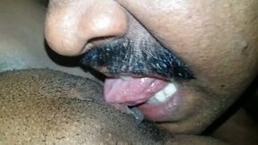 Horny mustached buddy eats his wife's Indian pussy well