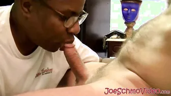 Horny black daddy Joe worships white cock with eager blowjob