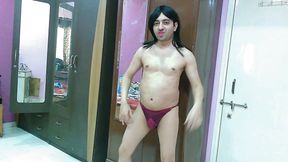 Hot sissy crossdresser femboy in a lace bra-panty set.