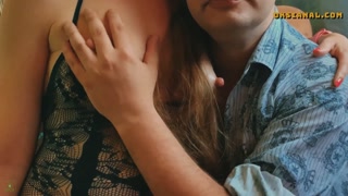 Wife wrapped her long hair around the cock and blowjob. She fed her husband with milk from loose nip
