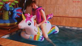 Alla naked fucks tight inflatable unicorn in the pool!!!