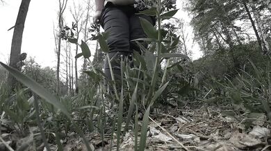 Pissing in the forest mature bbw milf with a big bush on her pussy. POV.