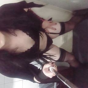 Trans Felixa in sexy black lingerie fucking dildo in public bathroom