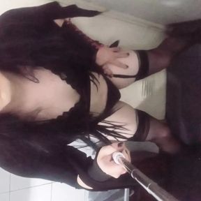 Trans Felixa in sexy black lingerie fucking dildo in public bathroom