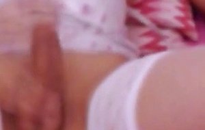 Solo ts jerks off her big cock