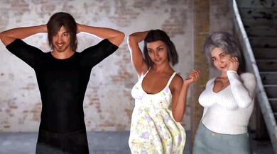 Mature granny in 3D animated style fills the screen with her bare chest