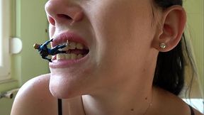 Beautiful giantess Anna plays with a tiny man