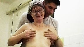 Redhead amateur with saggy tits and glasses gets roughed up by a horny old man