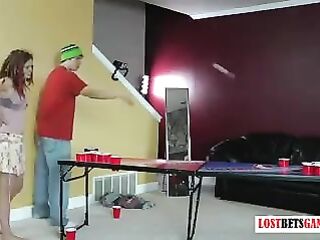 3 cuties and one dude play a game of undress beer pong
