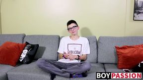 Twink with glasses interviewed before jerking himself off