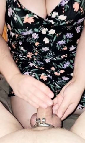 CHASTITY sex slave has been good decided to help the tiny pathetic thing cum