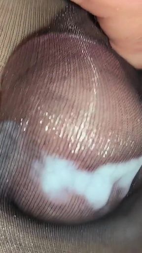 My Giant Hard Sissy Cock Cums in the Borrowed Shiny Sexy Black Pantyhose and Red Thong
