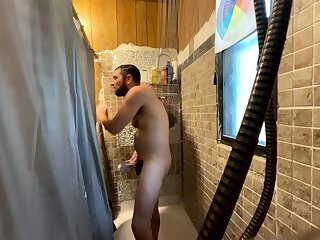 Hung Tattooed Man Wanking While Showering