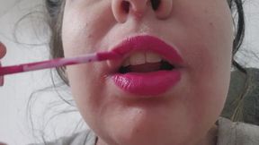 Bright Pink Lips Fetish Close-Up – Applying Bold Lipstick, Kissing the Camera, Adding Gloss for Shiny Juicy Lips, Intimate Mouth Focus Video