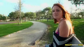 Hot read head Lindsey seduces Josh by showing him her laps and shoulders