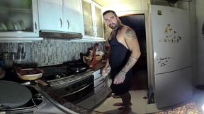 Almost naked chef strokes his big Latino cock while cooking your dessert