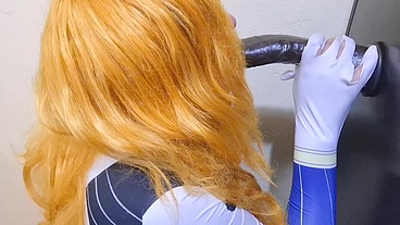 Sexy Dva Cosplayer gives Blowjob to BBC dildo and Kiss its balls