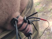 Electro device fucked my cock. Much sperm in outdoors