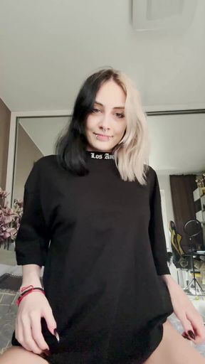 Goth alt girl with pierced natural tits in barely legal outfit