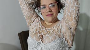 Seduction in white garment and mesh