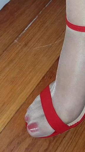 Curvy Legs, Nude Pantyhose and Hot Red Nails and Shoes