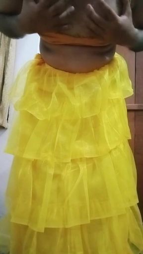 Indian gay Crossdresser Bottom pressing and playing with her big boobs in yellow gown real homemade sex   Clip 1