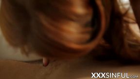 Redhead with natural tits sucks and rides her hung lover
