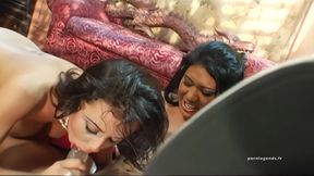 Lyla Lei and Penny Flame Eat Pussy and Give Double Blowjob