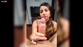 Amateur College beauty gives edging handjob to big cock