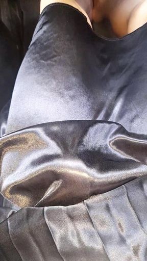 Asian Crossdresser Satin Silk Pleated Skirt Cum Pleasure