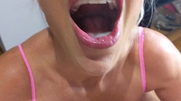 Pink Body stocking suck and fuck and swallow HUGE load of cum!