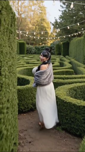 Woman in wedding dress walking through hedge maze