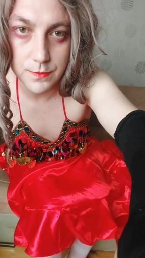 Belly Dancer Femboy in Red Seductive Dress