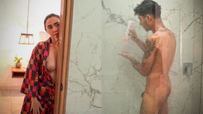 Big ass stepmom ends up fucking her skinny stepson after snooping on him in the shower