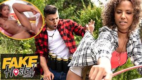 A sassy ebony cutie gets pounded relentlessly by a randy camper's rod