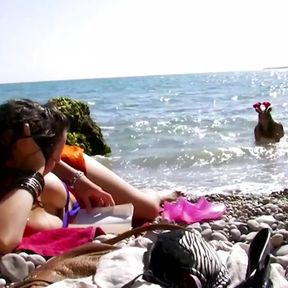 A Couple of Lesbians in Bikinis Get Interrupted Making Out Outdoors by a Hard Cock