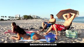 Hot teens Kobi Brian and Gina Valentina play with each other on the beach