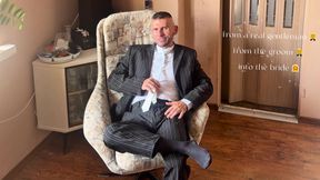 Transformation of the Groom in Suit and Tie to the Sissy Bride in White Stockings