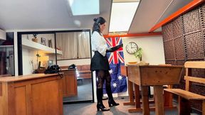 Head Mistress's office. 5 naughty boys present for punishment after a wicked practical joke. Scolding, leather gloves, lace stockings, detention