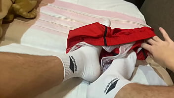 Cute twink in white socks decided to play with himself before going to bed