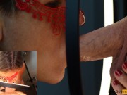 4K - MILF Slut masked with lipstick gives blowjob & gets all the cum on her tongue in close up