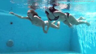 Jessica and Lindsay swim nude inside the pool