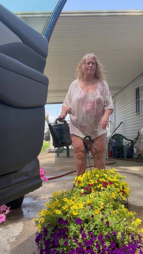 Watering Flowers Flashing Tits and Ass
