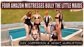 Brazilian amazons Mel Fire, Nara Neveu, Fennix Queen and Ary make fun of tiny maids Cute Devil and Little Sally - Size comparison - height humiliation - Lift and carry (1080p)