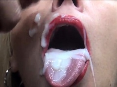 Naughty blonde milf takes a heavy load of cum in her mouth